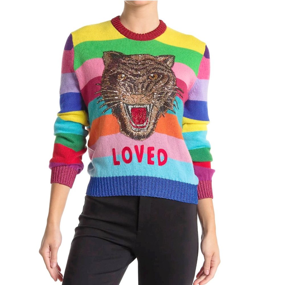 NWT Gucci Small Stripe Tiger Embroidered Wool Sweater, Sequin “Loved” Rainbow